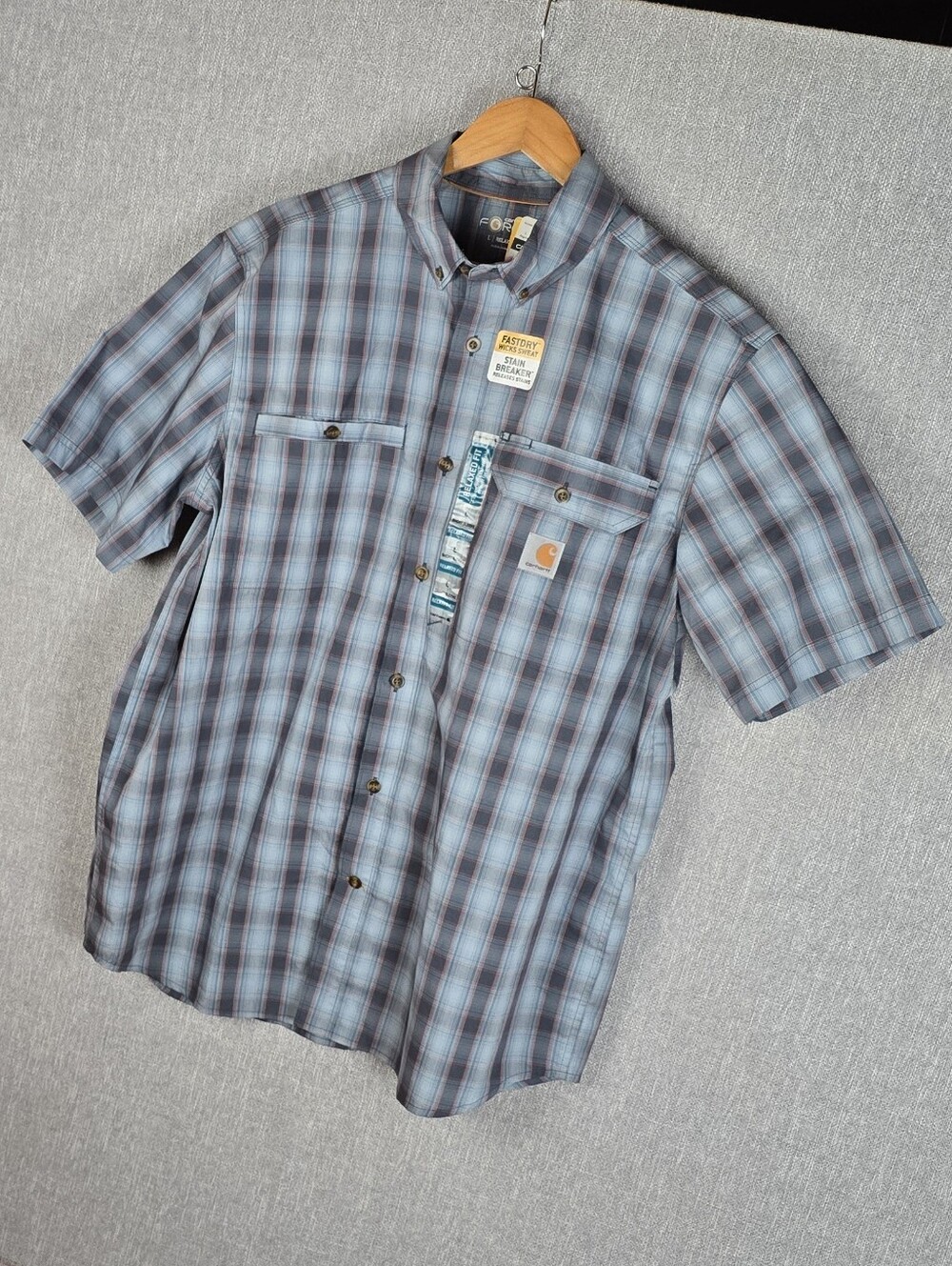 Carhartt Force Relaxed Fit Blue/Gray Check Wicking Button Front Shirt Sz L
